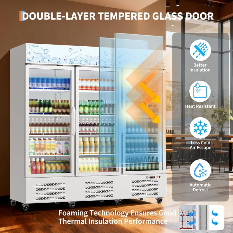 Commercial Beverage Refrigerator, 54.3 Cu.Ft. 3 Glass Door Display Refrigerator with 360° Circulation Cooling, Frost-Free, Soft LED Light, Adjustable Shelves, Merchandiser Refrigerator Cooler