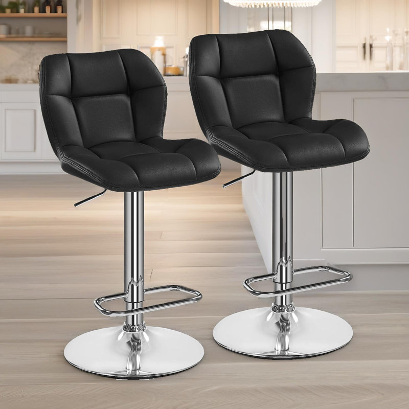 Begajeta Two Adjustable Height Bar Stools, Swivel Stool, Vegan Leather, Kitchen Dining Chair, Black