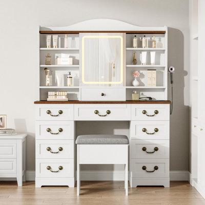 Makeup Vanity Desk with Mirror and Lights, Vanity Desk with 10 Drawers and 10 Storage Shelves, Vanity Table with Chair, 3 Colors Light Makeup Desk wit