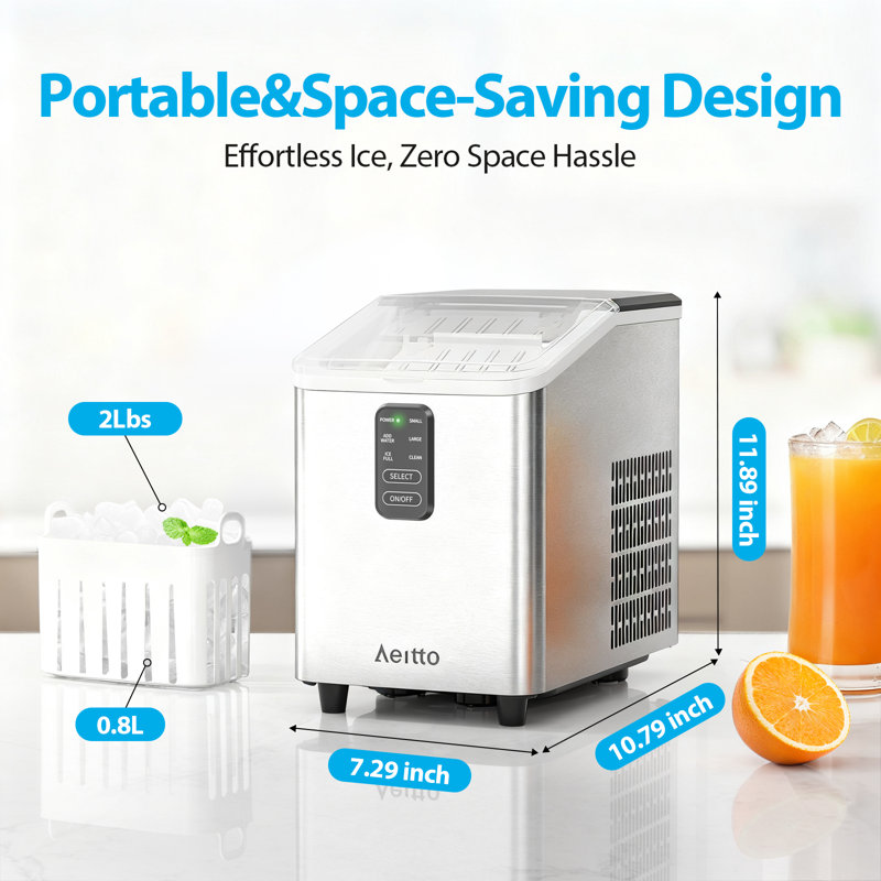 Machine à glaçons de comptoir Aeitto, 26 lb par jour, 8 cubes de glace en 6 minutes, machine à glaçons autonettoyante avec 2 tailles, pelle et panier, pour la cuisine à domicile, en acier inoxydable