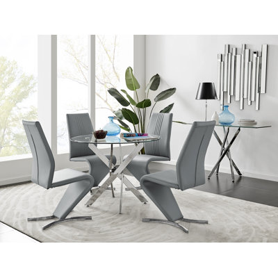 5-Piece Metal and Glass Dining Table Set with 4 Faux Leather Upholstered Chairs and Round Table