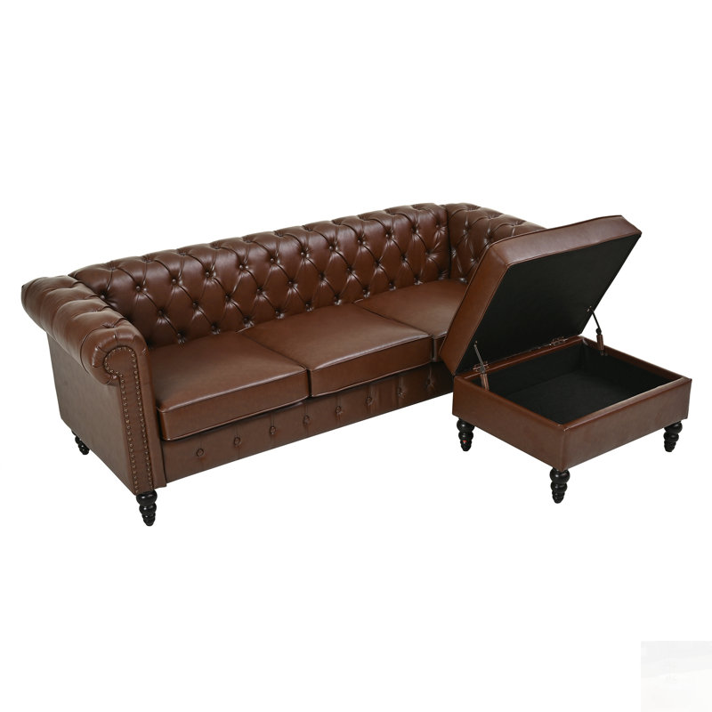 Canapé modulaire moderne en L à 4 places avec repose-pieds avec rangement, canapé modulaire en cuir de polyuréthane avec dossier capitonné et accoudoirs courbés décorés de rivets