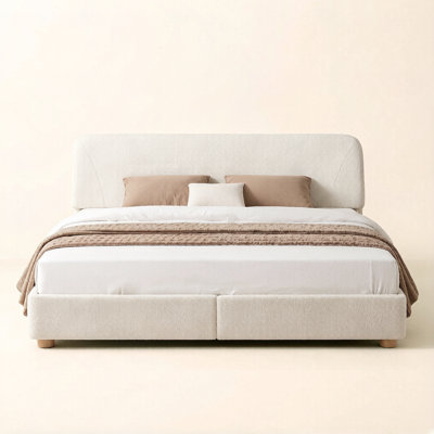 Boucle Bed Frame, Upholstered Cloud Bed Frame with Adjustable Headboard, Solid Wood Legs, Rounded Corners Design & Easy Assembly – Modern Platform Bed,Cream