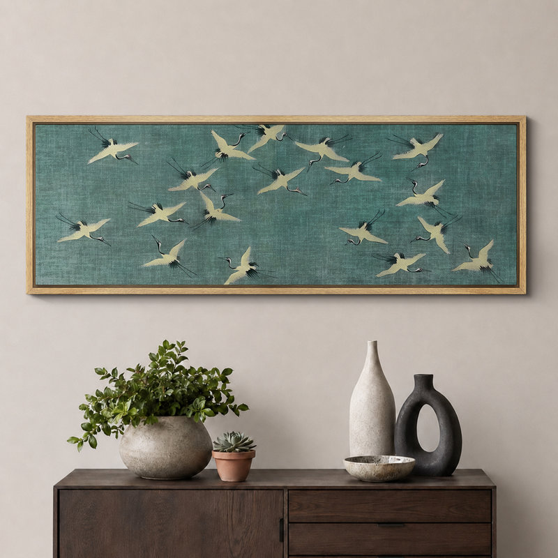 «Serene Sky Cranes In Flight On Teal», reproduction d'art sur toile encadrée, H 20 po x l 60 po, Naturel