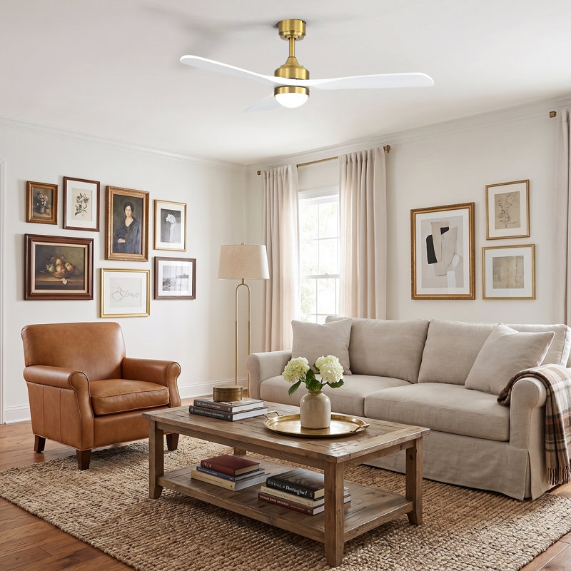 Ventilateur de plafond doré à 3 pales de 52 po Kemp avec lumière, fixation encastrée et abattant, réversible, télécommande, ventilateur moderne pour intérieur / moyen / grand, or et blanc Kemp