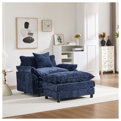 Fauteuil d'appoint moderne en chenille avec repose-pieds, fauteuil club bleu avec accoudoirs coussinés et coussin en mousse pour le salon