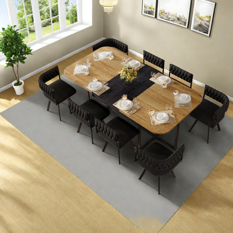 Ensembles de table de salle à manger spacieux 9 pièces, bois aggloméré et velours noir, salle à manger familiale moderne