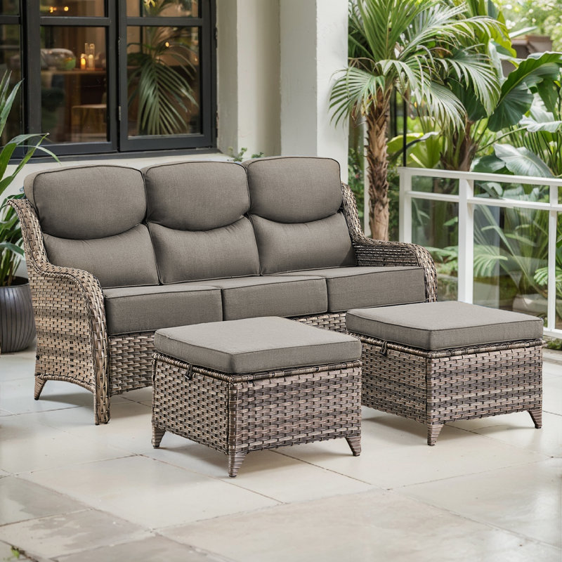Deb 70.9" W Wicker Sofa with 6" D Cushions and Ottomans, Gray, Gray