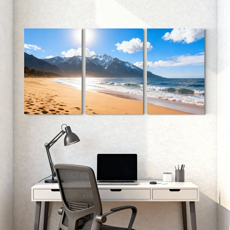 Paysage et paysages urbains, plage, vagues, montagnes, ciel, soleil, sable, empreintes de pas, nuages, ensemble de 3 impressions sur toile