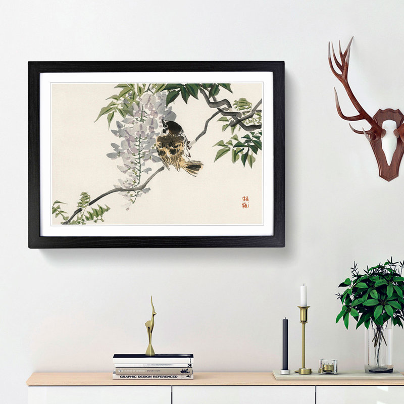 Sparrow on a Branch by Kono Baireir - Picture Frame Painting Print, Black Framed, 48cm H x 65cm W x 2cm D