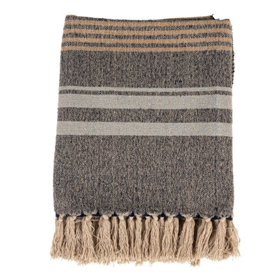 Striped Cotton Blend Throw With Fringe