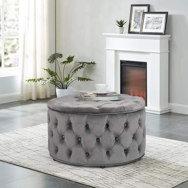 Amram Tufted Round Storage Ottoman, Gray Velvet