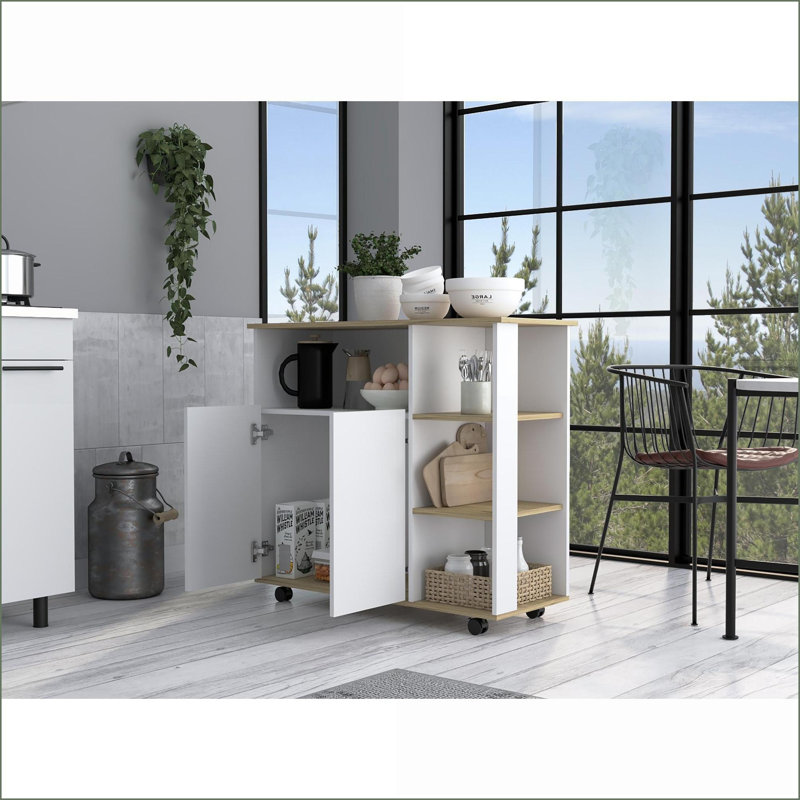 Îlot de cuisine avec roulettes verrouillables, 1 armoire, 4 tablettes ouvertes - Chêne clair / ivoire | Chêne clair | Panneau de particules