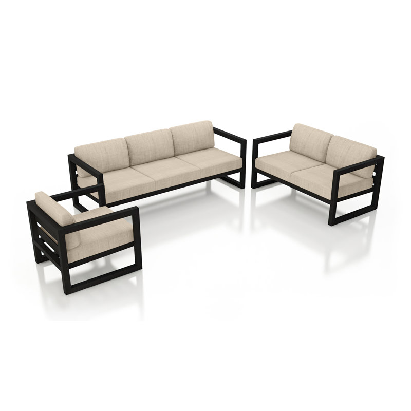Avion 3 Piece Sofa Loveseat Set, Canvas Flax Sunbrella® Canvas, Black