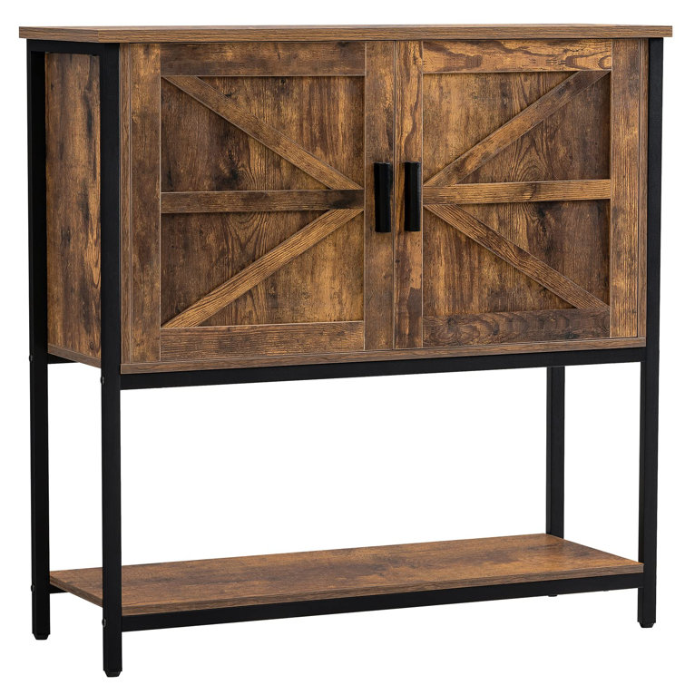 Small Storage Cabinet with 2 Doors, Industrial Sideboard with 1 Open Shelf & 1 Adjustable Shelf, Buffet with Metal Frame, Rustic Brown and Black 17 St