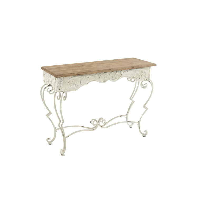 French Provincial White Metal Scroll Console Table with Fir Wood Top