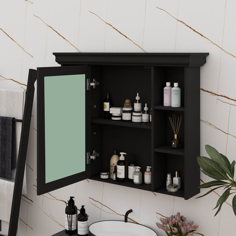 Armoire murale de salle de bain 35 po x 28 po avec porte miroir et 6 étagères ouvertes, armoire de salle de bain contemporaine