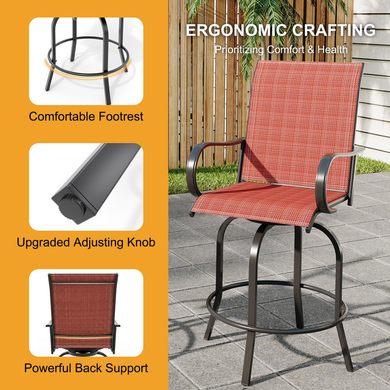 Tabourets de bar pivotants d'extérieur 2 pièces, chaises de patio avec dossier haut et tissu résistant aux intempéries, Rouge
