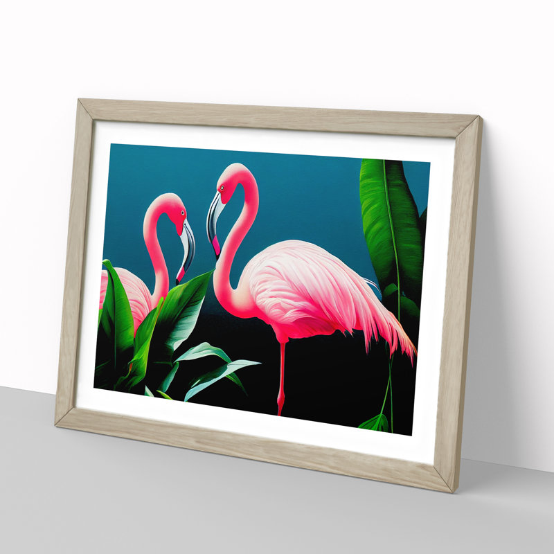 Attractive Flamingos - Framed Print, 34cm H x 46cm W x 2cm D, Oak