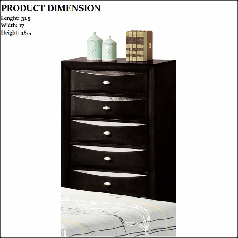 Commode 5 tiroirs à finition noire avec poignées ovales pour un rangement et une élégance transitionnels dans la chambre à coucher