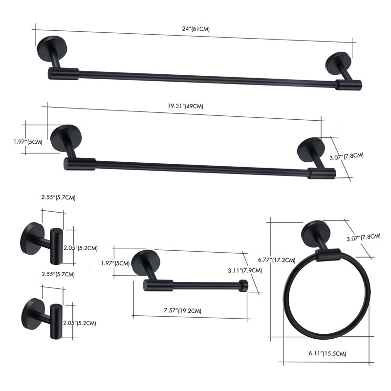 6 Piece Bathroom Accessories Set, Wall Mount Aluminium and Stainless Bathroom Hardware, Matte Black