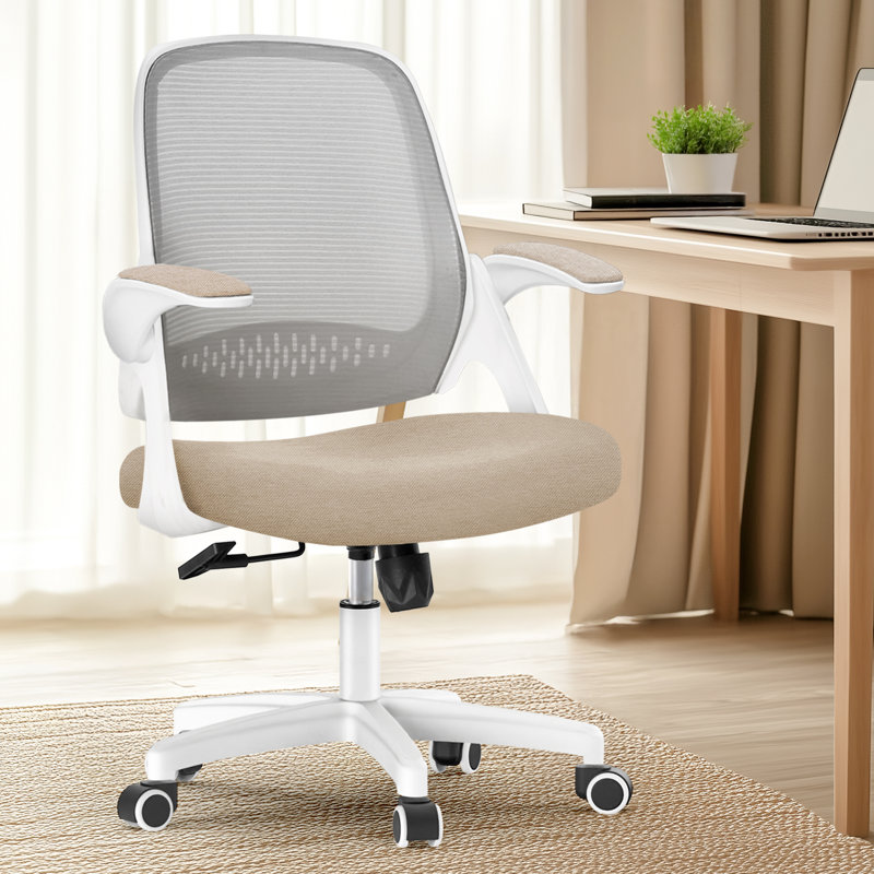 Nahjee Space-Saving Ergonomic Home Office Chair Task Chair with Flip-Up Armrests, Beige, Plastic