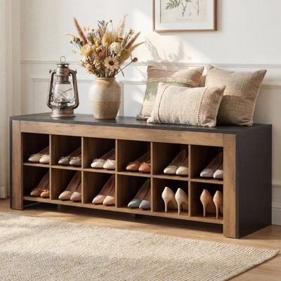 48.6" Farmhouse Shoe Storage Bench With 12 Cubbies, Black Entryway Bench , Mudroom Shoe Rack Bench With Narrow Cubbies For Living Room