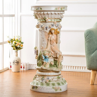 33 pi. Piédestal de colonne romaine rétro 33 po, pilier en résine avec fée et relief floral, présentoir élégant pour le salon, le vestibule et la décoration intérieure
