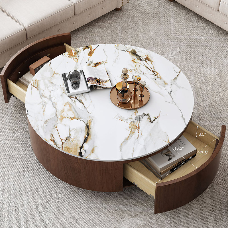 Table basse ronde en bois avec plateau en faux marbre