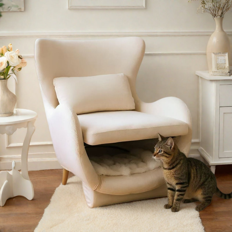 2 In 1 Modern Velvet Accent Chair With Free Padded Cushion And Pet Friendly Space, White