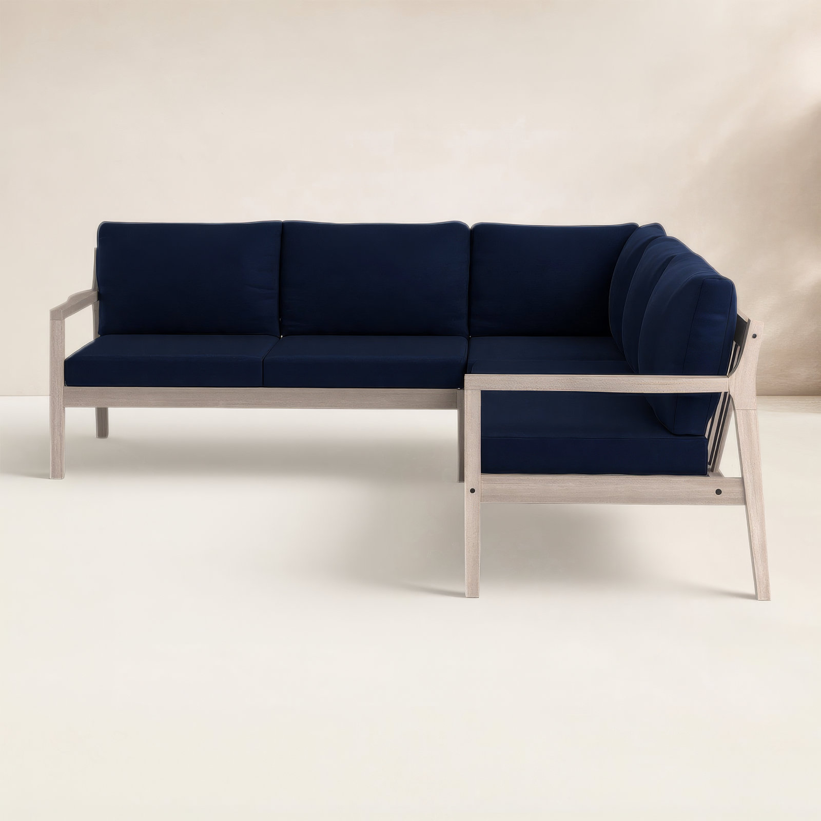 Amina Solid Acacia Wood L-Shaped Outdoor Sectional (3-Piece Set), Navy