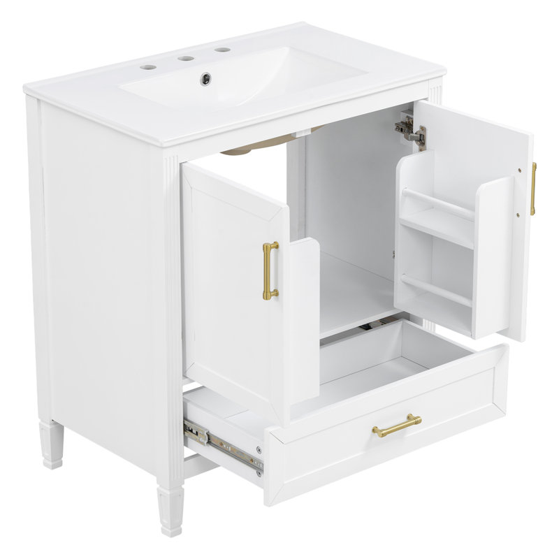 Meuble-lavabo cannelé élégant 30 po avec lavabo en céramique, pieds en bois massif, rangement à fermeture douce et poignées dorées, blanc