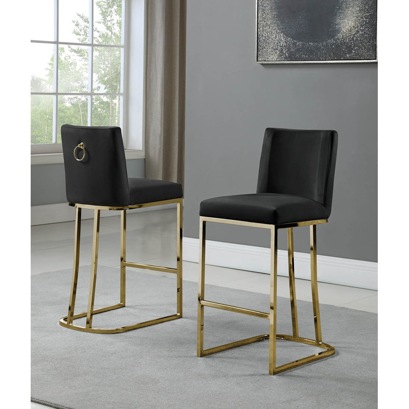 Aurrin Velvet Upholstered Bar & Counter Stool, Black, Gold, Counter Stool (26” Seat Height)