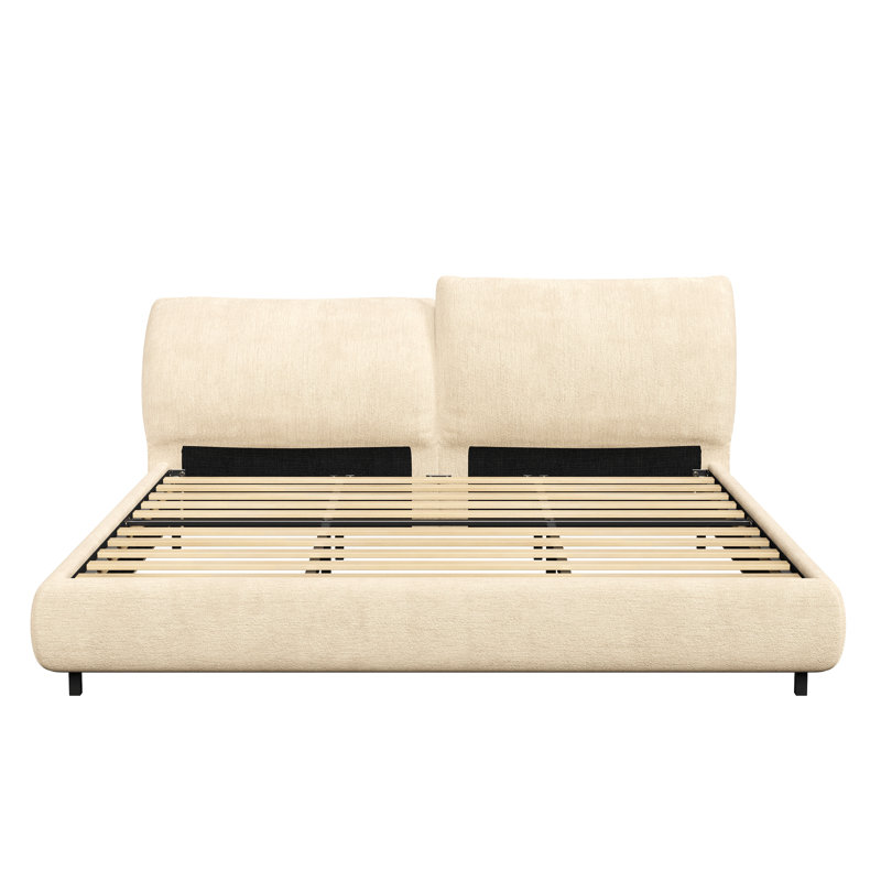 Miheli Upholstered Bed With Adjustable Headboard & Wooden Frame, Beige, Queen