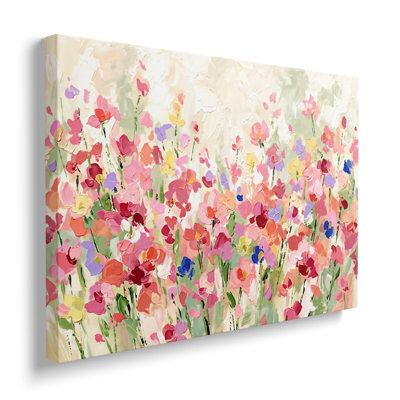 Multicolor Canvas Pink Wildflower Still Life Oil Painting, Painterly Meadow Wall Art for Living Room Dining Room and Bedroom