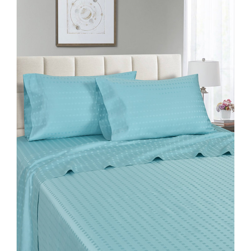 Egyptian Cotton Sateen Striped Sheet Set, Aqua, Twin Sheet Set + 1 Fitted Sheet + 1 Pillowcase