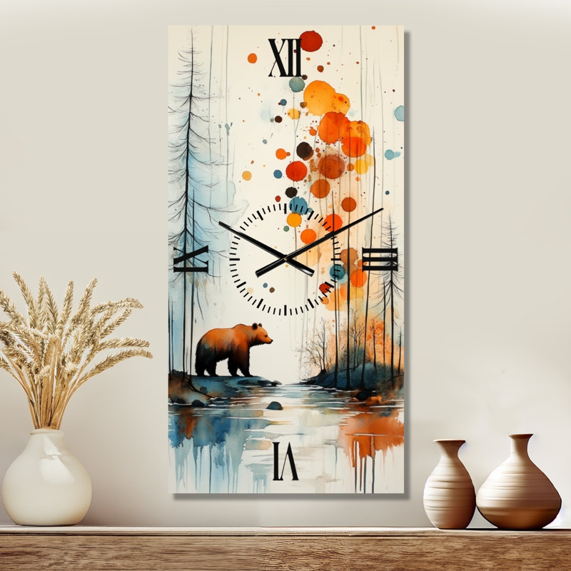 Horloge murale en métal Bear Creek Autumn Woodland II - Cabane, 40" H x 20" W - Rectangle