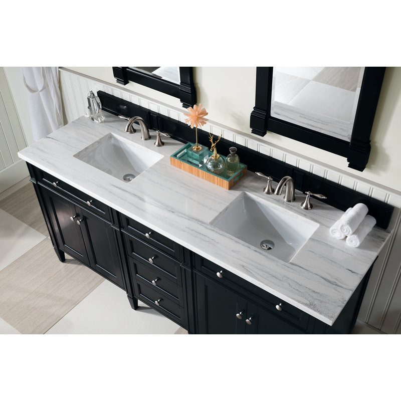 Brittany 72" W Double Vanity, Black Onyx, Carrara White, 8" Widespread