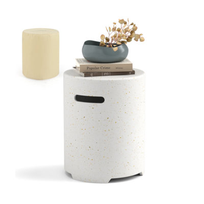 Starry Fire Pit 2-in-1 Round Gas Tank Holder Side Table with Protective Cover and Side Handles, Terrazzo Material
