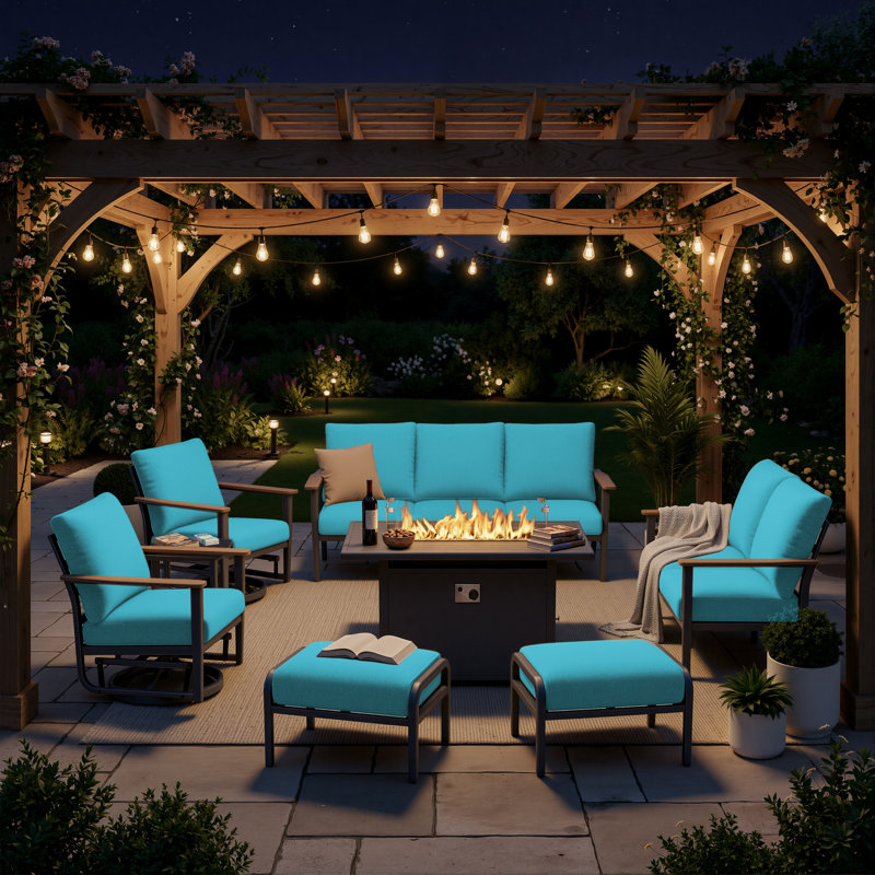 9-Person Aluminum Outdoor Patio Conversation Set With Propane Fire Pit Table, Swivel Rocking Chairs, Wood-Look Armrests & 5.12" Thick Cushions