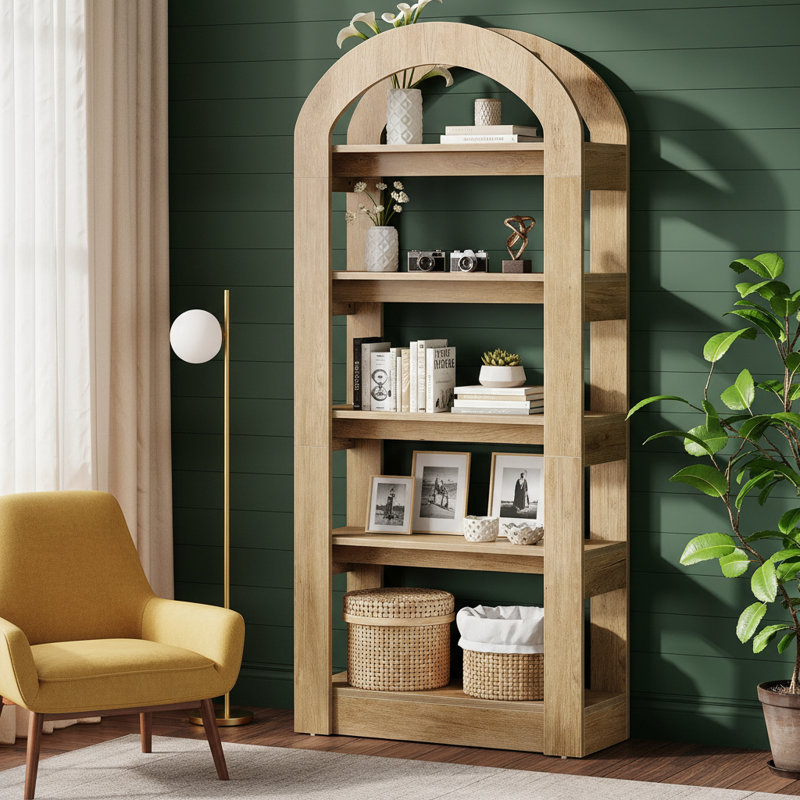 70.87" H 5-Tier Arched Bookcase, Oak, 1