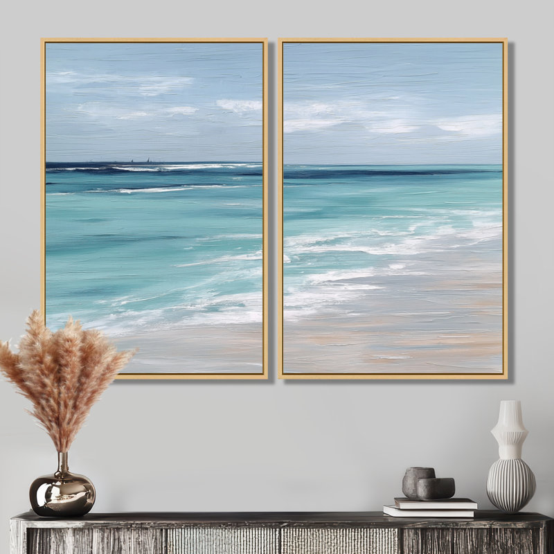 «Blue and White Coastal Beach Wonder», art encadré sur la plage, décoration murale bord de mer blanc 2 pièces, Cadre flottant
