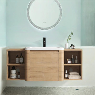 Meuble-lavabo mural 48 po - Lavabo en céramique blanche, tablettes de rangement et porte à fermeture en douceur | Fabrication en contreplaqué