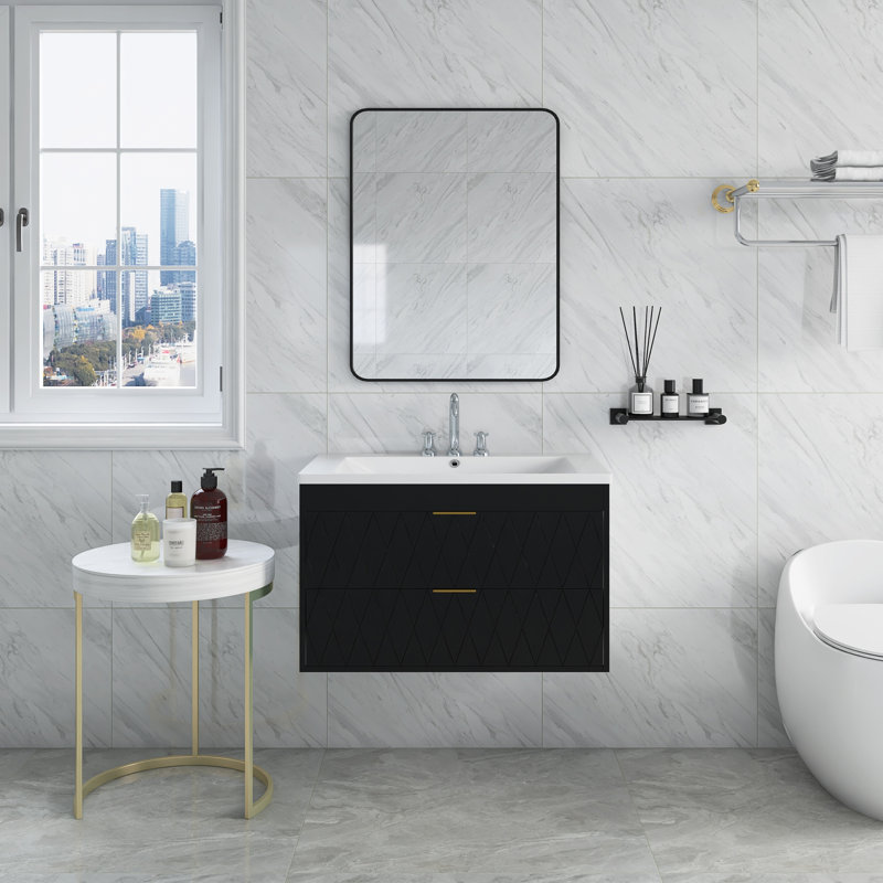 Meuble-lavabo mural avec lavabo en résine et 2 tiroirs, Noir, noir, noir, noir