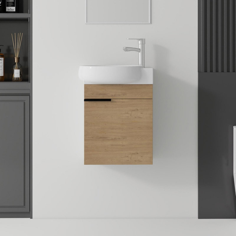Ensemble de meuble-lavabo mural 16 po avec lavabo et portes à fermeture en douceur pour petites salles de bain, Oak