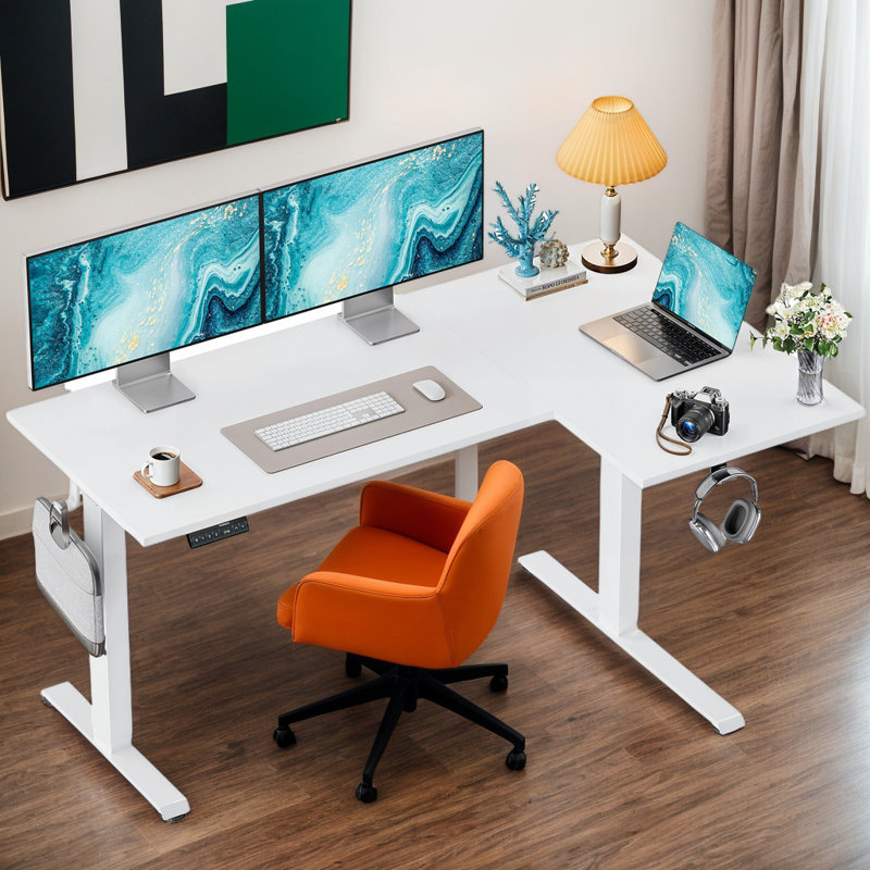 71" L-Shaped Height Adjustable Electric Standing Desk With 3 Memory Presets, Brown/Black, 71" W x 47" D