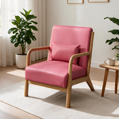 Solid Wood Accent Chair with Lumbar Pillow & Toss Cushion, Linen-Blend Armchair with Square Arms, Mid-Century Lounge Chair for Living Room & Bedroom