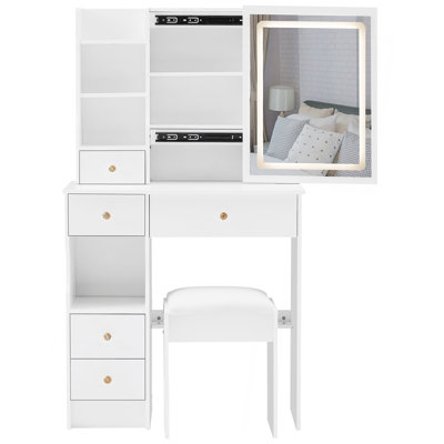 29.2" Small Size Left Drawer Desktop Vanity Table + Cushioned Stool, Large Sliding, Touch Control, Tri-Color Switching, Brightness Adjust LED Mirror, High Capacity Storage, Suitable For Small Space