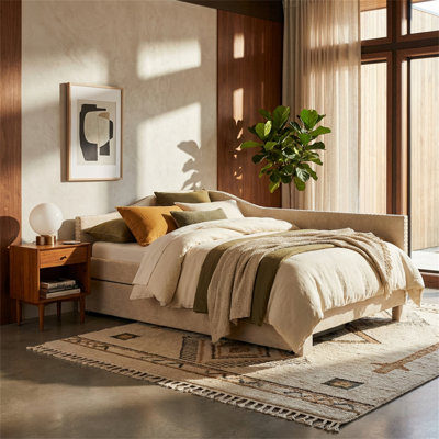 Twin-Size Sofa Bed, Featuring A Twin-Size Pull-Out Bed, Curved Rounded-Corner Padded Backrest, USB Port, Vintage Stud-Detailed Daybed, Chenille Fabric With Metal Frame, Modern Scandinavian Style, Beige