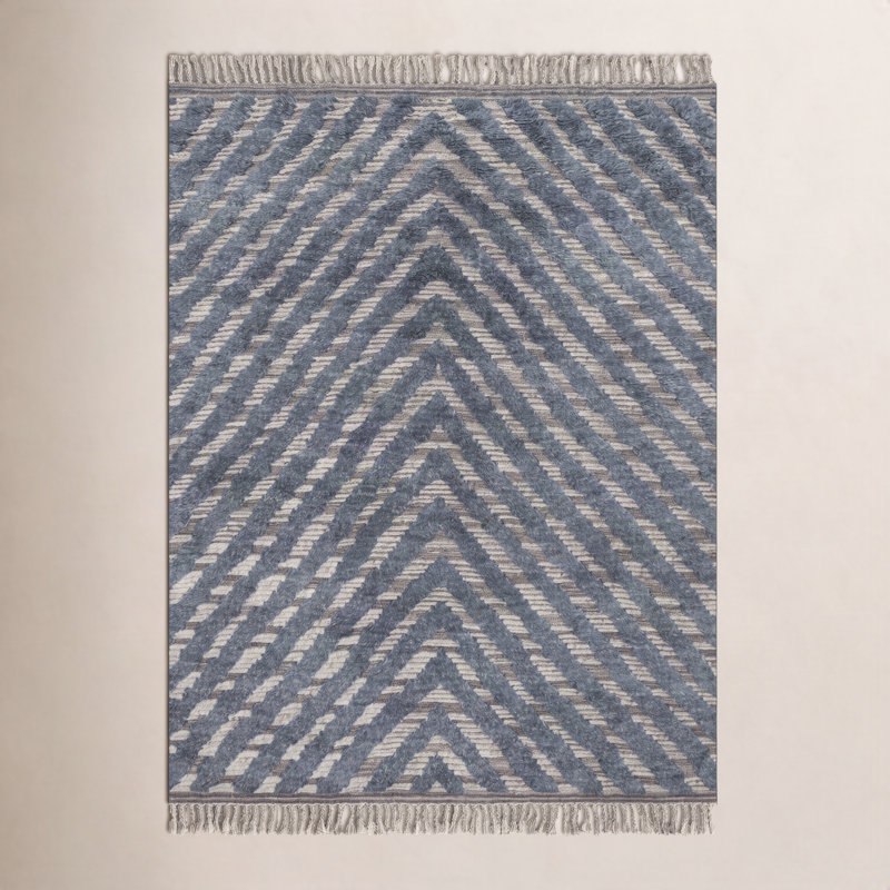 Tapis bleu noué à la main Benjamin, Rectangle 9 pi 6 po x 13 pi 6 po